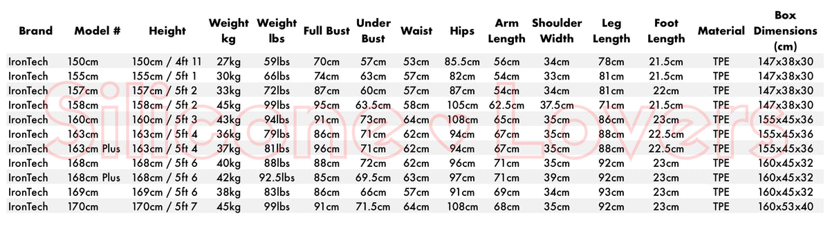 Irontech official size chart and measurements