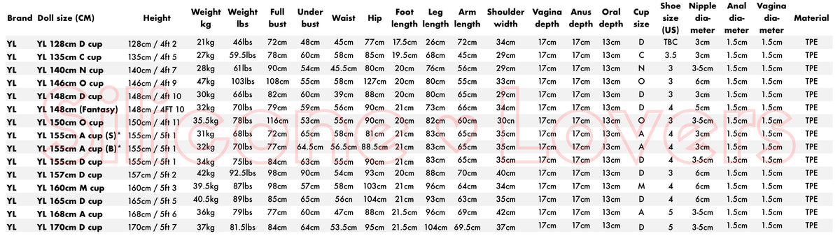YL Dolls official size chart and measurements