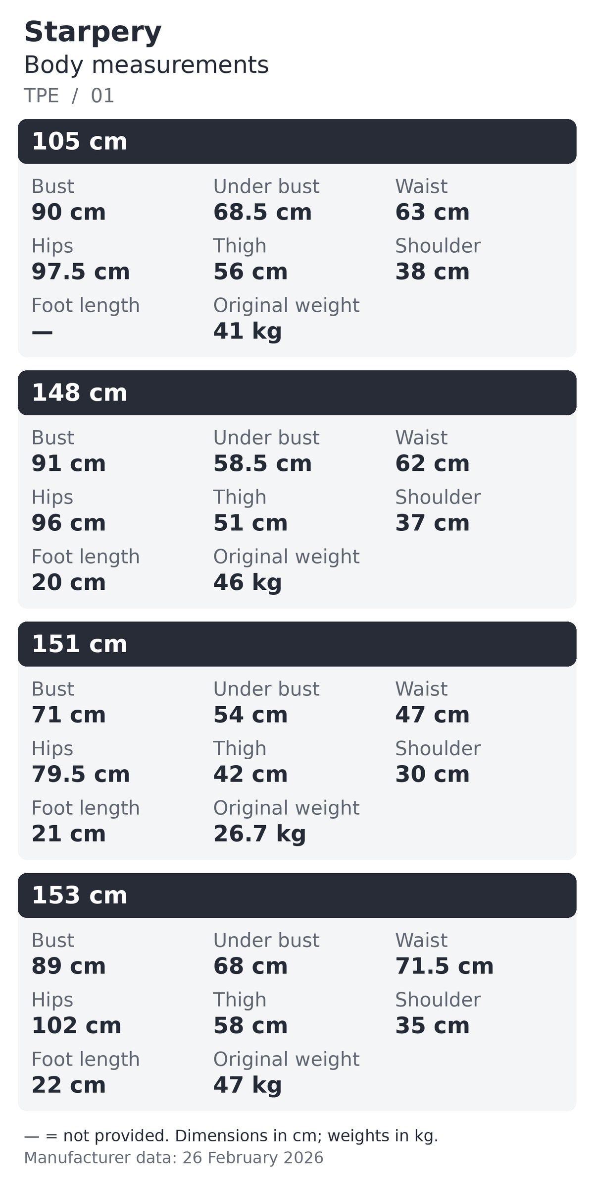 Starpery TPE body measurements chart 10 of 16