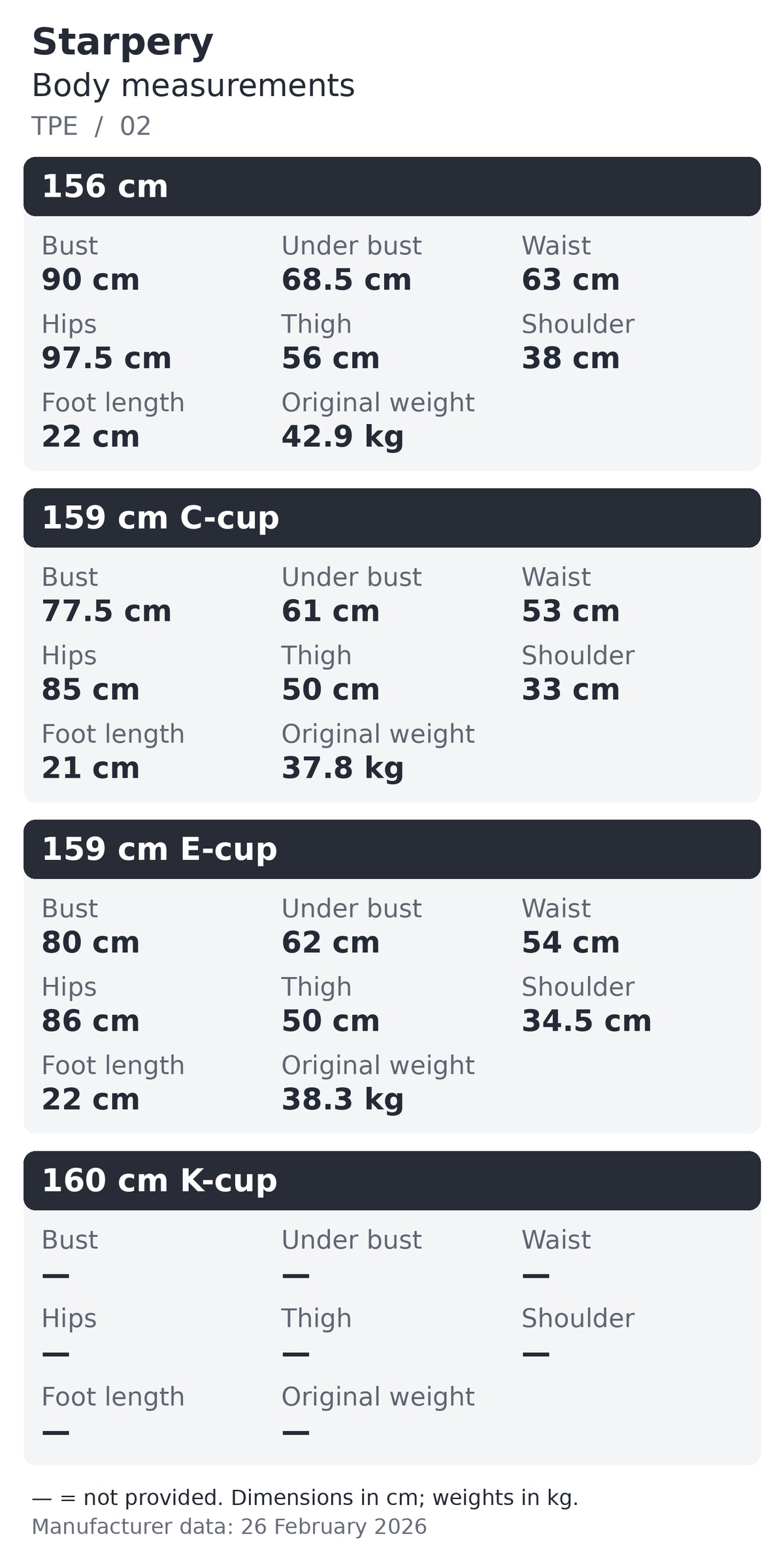 Starpery TPE body measurements chart 11 of 16