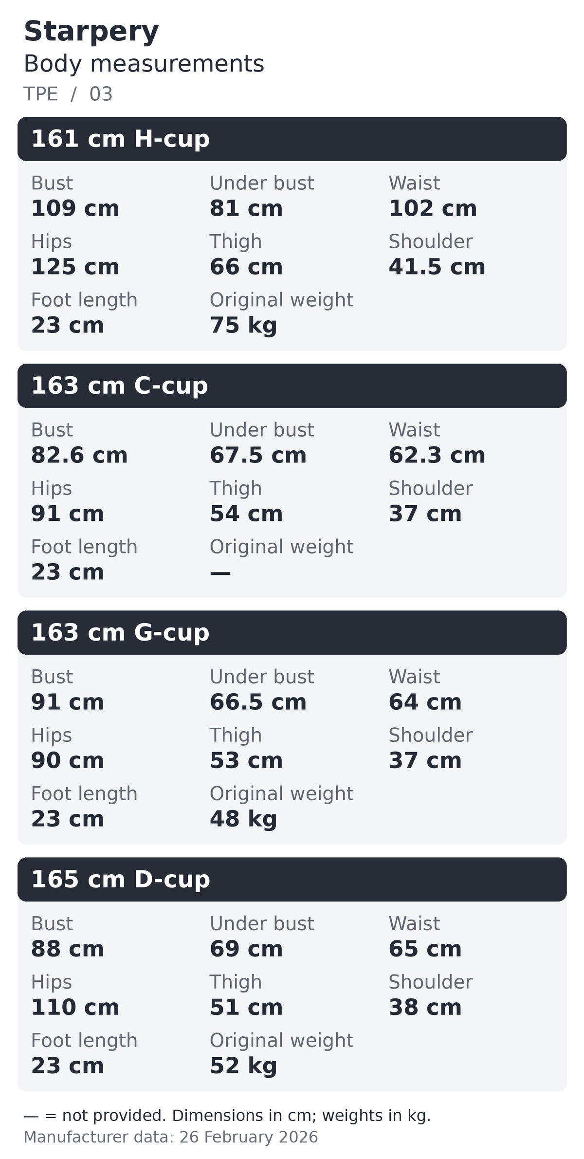 Starpery TPE body measurements chart 12 of 16