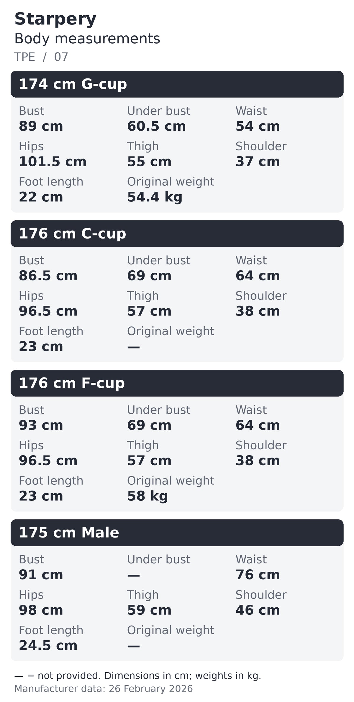 Starpery TPE body measurements chart 16 of 16